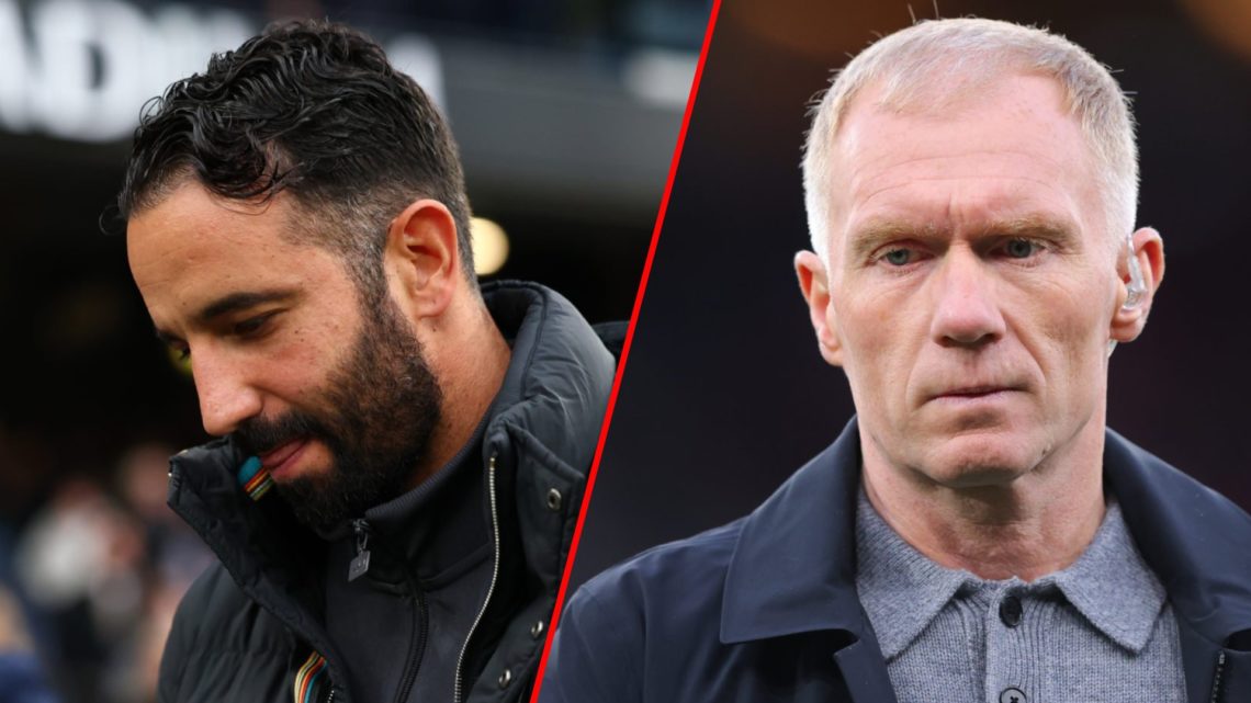 TNT Sports pundit Paul Scholes during the Europa League match between Manchester United and Lyon at Old Trafford, inset Ruben Amorim.