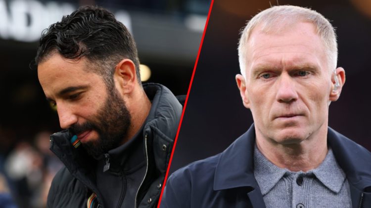 TNT Sports pundit Paul Scholes during the Europa League match between Manchester United and Lyon at Old Trafford, inset Ruben Amorim.