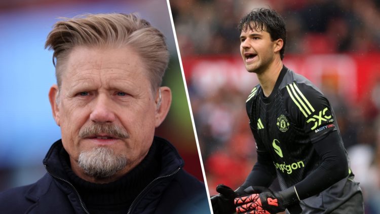 Split image, Peter Schmeichel looking straight forward close up and Senne Lammens shouts while playing for Manchester United.