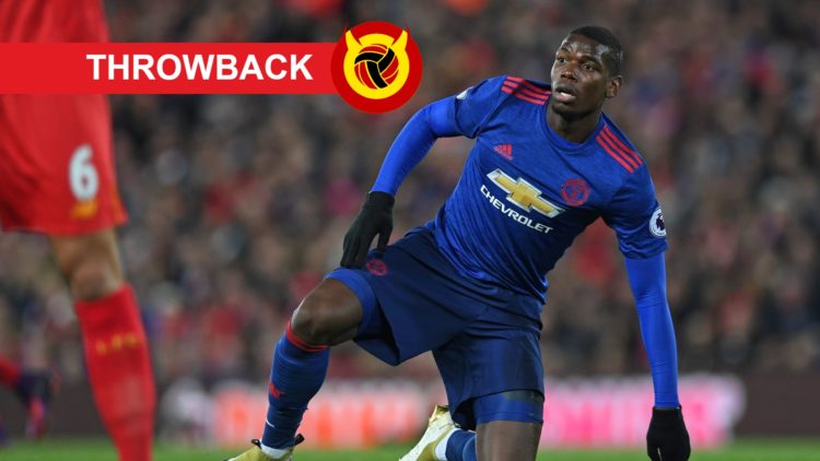 Pogba in blue United kit, with Throwback label