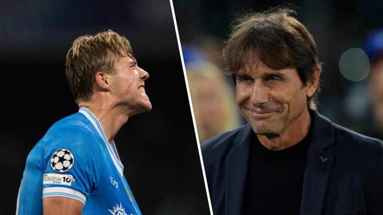 Split image, Rasmus Hojlund celebrating goal for Napoli turned to the side grabbing shirt and Antonio Conte close up.