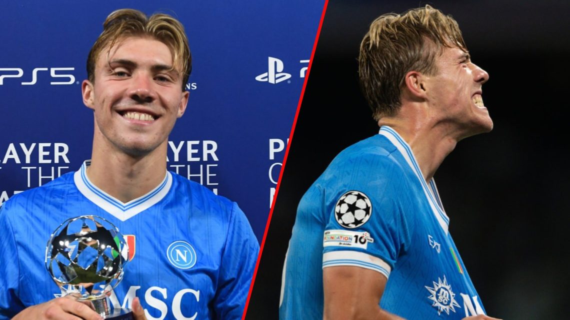 Rasmus Hojlund after the Champions League match between Napoli and Sporting CP at the Diego Armando Maradona Stadium, inset Manchester United striker.