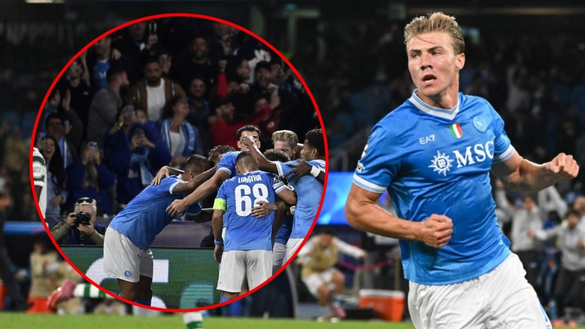 Rasmus Hojlund in Napoli’s 2-1 Champions League win over Sporting CP at the Diego Armando Maradona Stadium, inset the Manchester United striker.