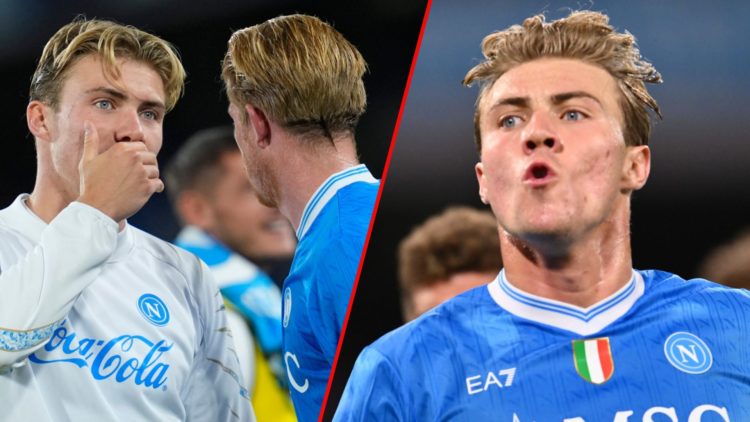 Rasmus Hojlund and Kevin De Bruyne during the Serie A match between Napoli and Genoa at the Diego Armando Maradona Stadium, inset the Manchester Un...