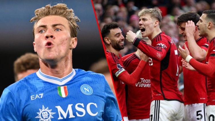 Rasmus Hojlund during the Serie A match between Napoli and Genoa at the Diego Armando Maradona Stadium, inset the Manchester United and Denmark str...