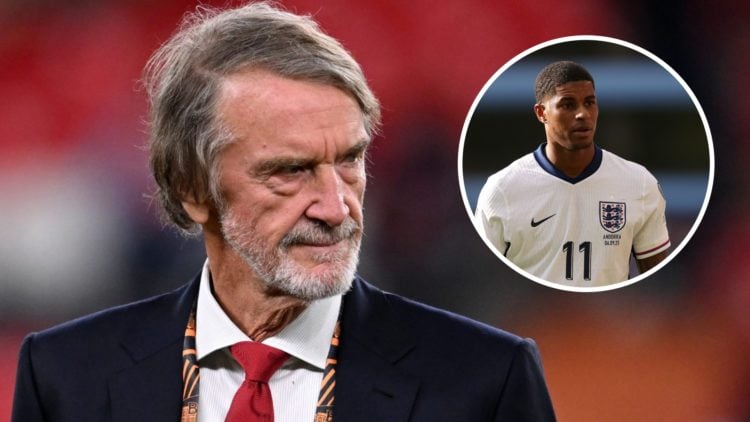 A split image of Sir Jim Ratcliffe looking on after Manchester United's defeat in the Europa League final alongside an inset of Marcus Rashford pla...