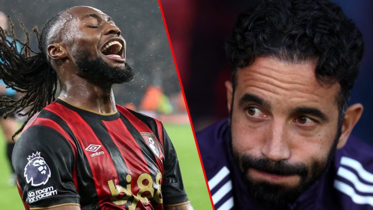 Antoine Semenyo during the Premier League match between Bournemouth and Fulham at the Vitality Stadium, inset Manchester United manager Ruben Amorim.