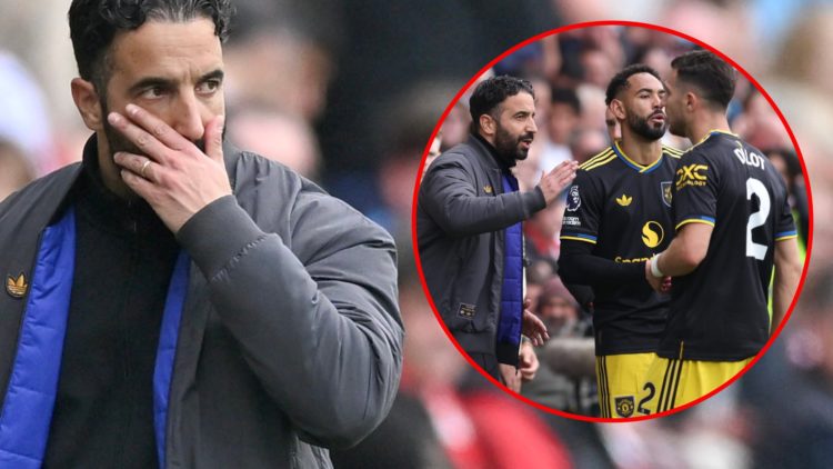 Ruben Amorim during the Premier League match between Brentford and Manchester United at the Gtech Community Stadium in 2025, inset the Man Utd mana...