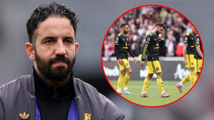 Ruben Amorim during the Premier League match between Brentford and Manchester United at the Gtech Community Stadium, inset the Manchester United pl...