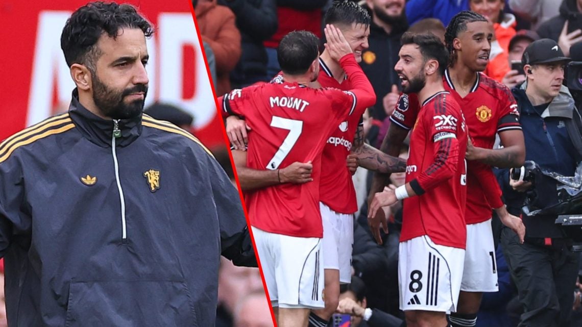 Ruben Amorim reacts during the Premier League match between Manchester United and Sunderland at Old Trafford, inset Red Devils players including Ma...