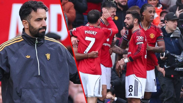 Ruben Amorim reacts during the Premier League match between Manchester United and Sunderland at Old Trafford, inset Red Devils players including Ma...