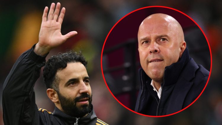 Ruben Amorim in the Premier League match between Manchester United and Sunderland at Old Trafford, inset Liverpool manager Arne Slot.