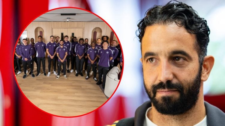 Ruben Amorim arrives ahead of the Premier League match between Manchester United and Burnley at Old Trafford, inset the players at the Carrington t...