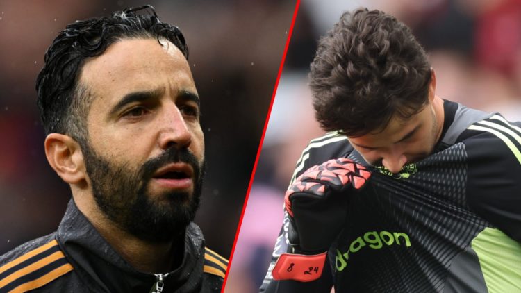 Senne Lammens during the Premier League match between Manchester United and Sunderland at Old Trafford, inset Red Devils manager Ruben Amorim.