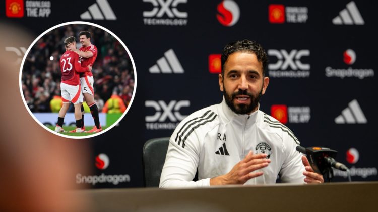 Ruben Amorim split image with Luke Shaw and Harry Maguire