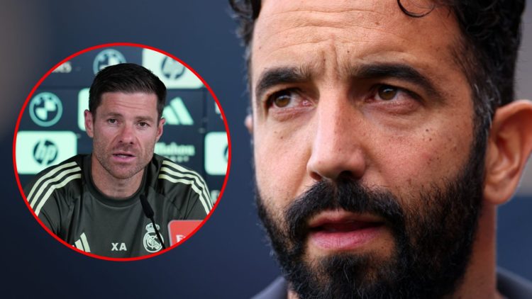 Manchester United manager Ruben Amorim during the Premier League match between Fulham and Manchester United at Craven Cottage, inset Real Madrid bo...