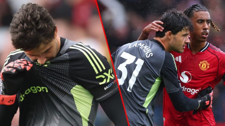 Senne Lammens during the Premier League match between Manchester United and Sunderland at Old Trafford, inset the summer signing with Leny Yoro.