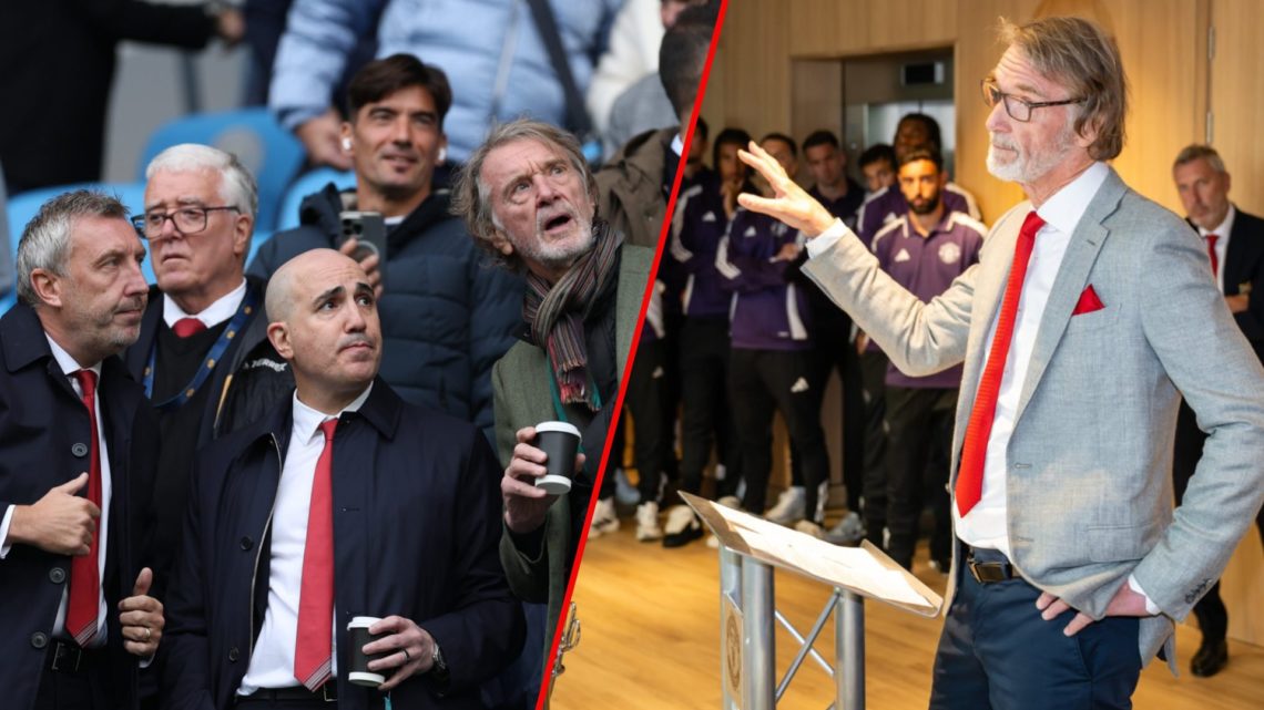 Jason Wilcox, Omar Berrada and Sir Jim Ratcliffe at the Premier League match between Manchester City and Manchester United at the Etihad Stadium, i...