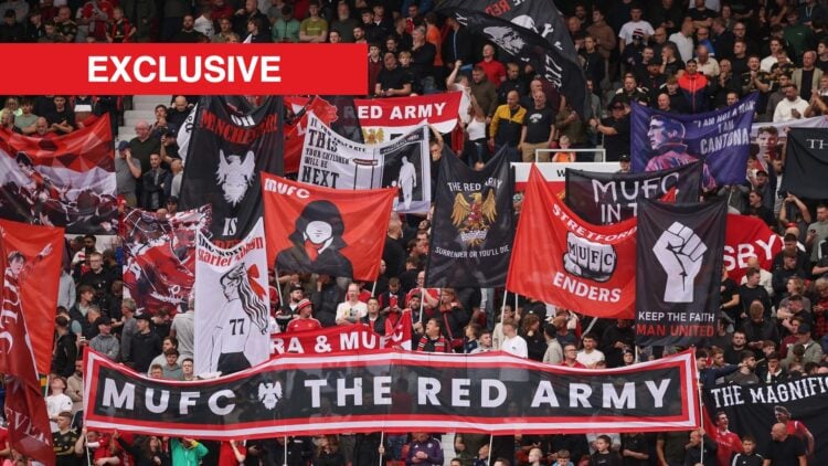 Stretford End full of flags split image with exclusive banner