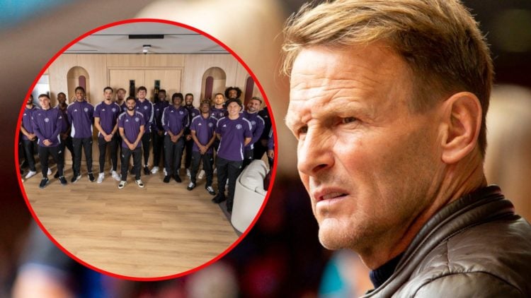 Manchester United treble winner Teddy Sheringham, inset current Manchester United players attending the official opening of the refurbished trainin...