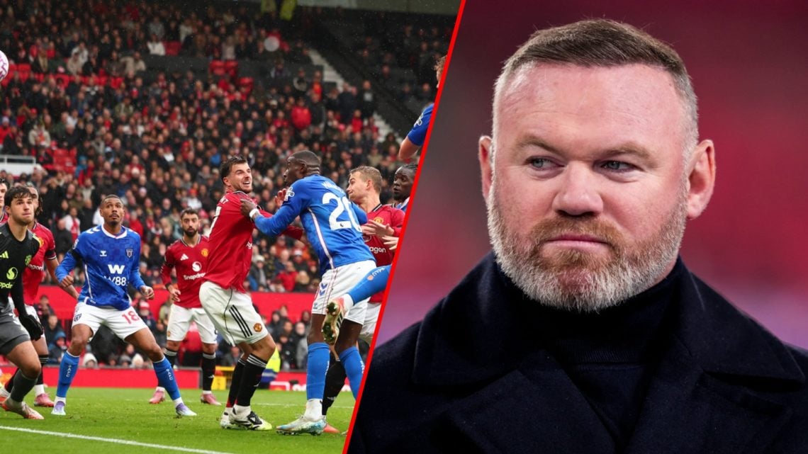 Former footballer and TV pundit for Amazon Prime Wayne Rooney, inset Manchester United players vs Sunderland in the Premier League clash at Old Tra...