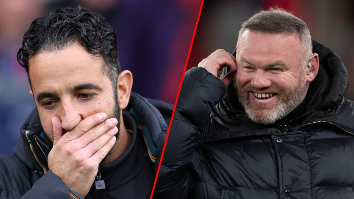 Manchester United and England legend Wayne Rooney, inset Ruben Amorim during the Premier League match against Manchester City at the Etihad.