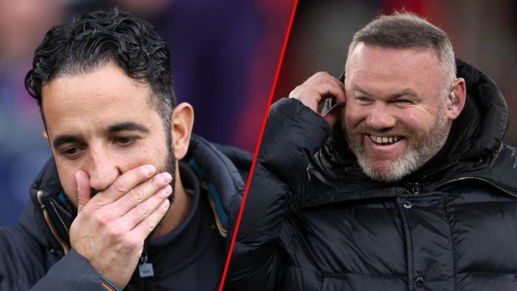 Manchester United and England legend Wayne Rooney, inset Ruben Amorim during the Premier League match against Manchester City at the Etihad.