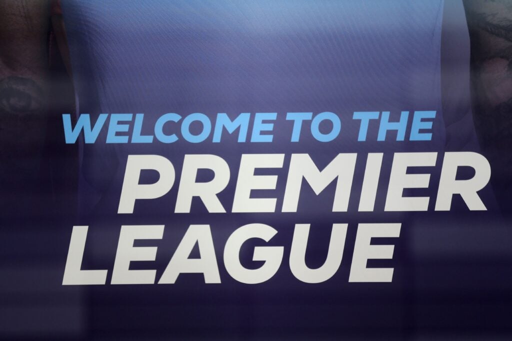 The Premier League logo is pictured on a window at the organisation's offices in London