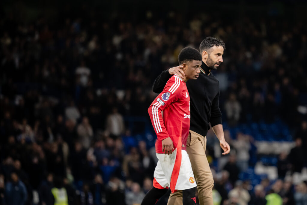 Ruben Amorim reacts to Amad at the end of the Premier League match between Chelsea and Manchester United at Stamford Bridge on May 16, 2025, in London, United Kingdom.