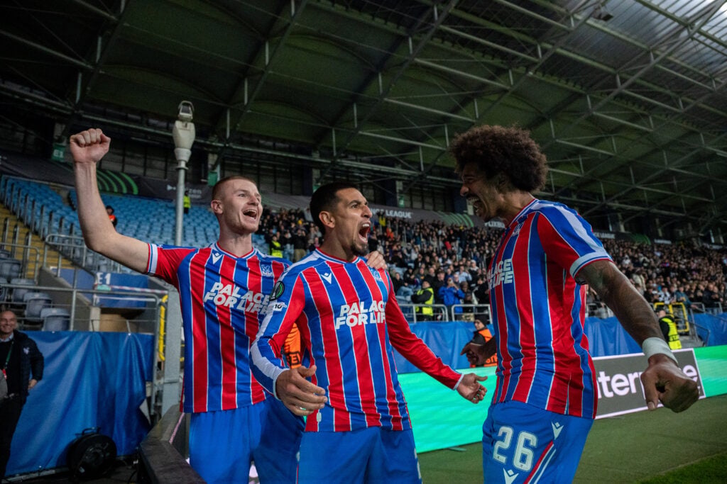 Adam Wharton and Daniel Munoz celebrate for Crystal Palace.