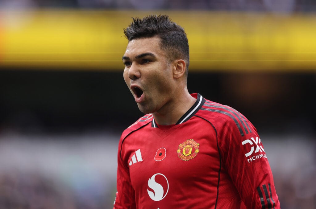 Casemiro shouts, playing for Man Utd vs Tottenham