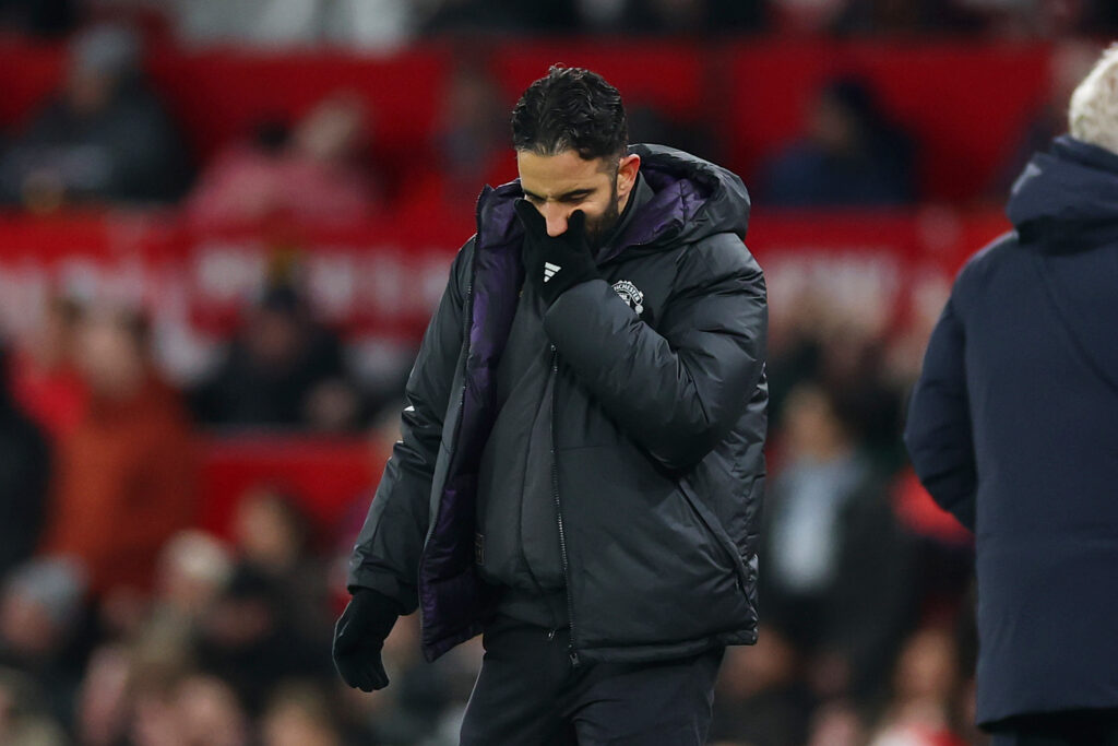 Manchester United head coach Ruben Amorim appearing frustrated.