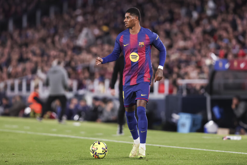 Manchester United and England player Marcus Rashford in action during the La Liga match played between FC Barcelona and Deportivo Alaves at the Spotify Camp Nou stadium in 2025.