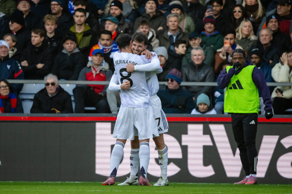 Mason Mount and Bruno Fernandes celebrate goal for Manchester United.