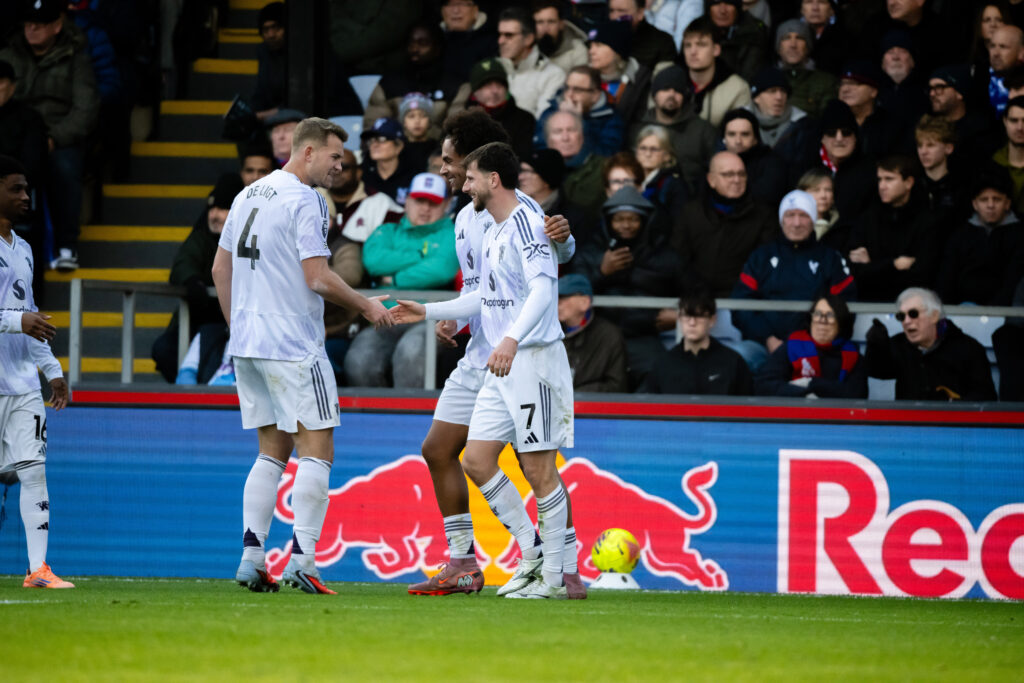 Mason Mount of Manchester United celebrates scoring their second goal during the Premier League match between Crystal Palace and Manchester United at Selhurst Park on November 30, 2025