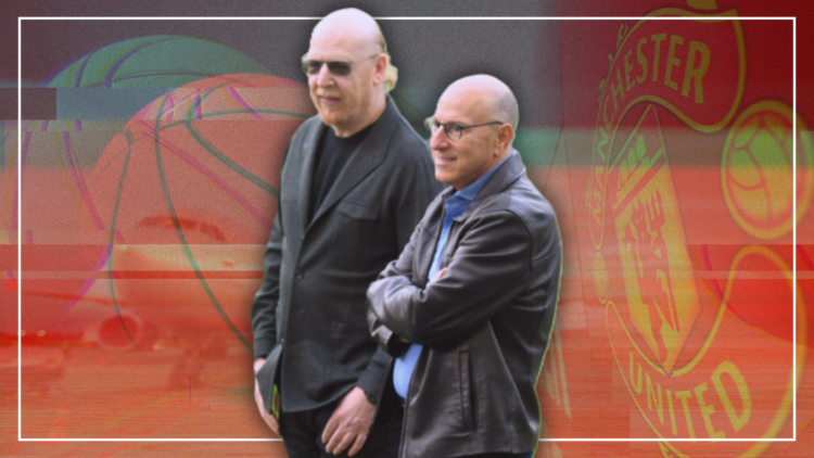 Abstract cover art featuring Joel Glazer, Avram Glazer, Manchester United badge, and a basketball
