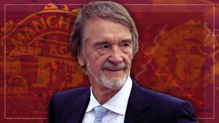 Abstract cover art featuring Sir Jim Ratcliffe, the Manchester United badge and financial imagery