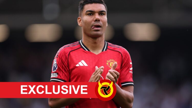 Manchester United midfielder Casemiro applauds fans, United in Focus exclusive banner.