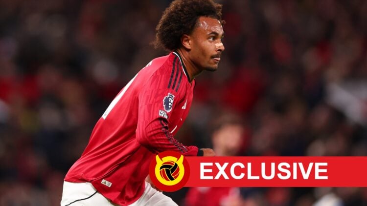 Manchester United forward Joshua Zirkzee in action, UIF exclusive banner.