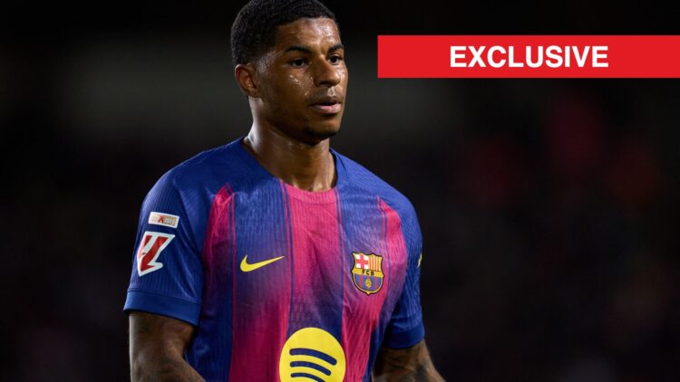 Marcus Rashford in a Barcelona shirt split image with exclusive banner