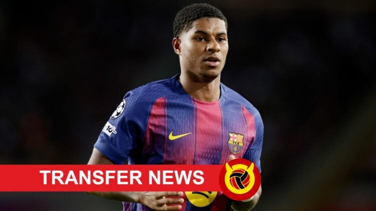 Manchester United loanee Marcus Rashford in action for Barcelona, Transfer News banner.