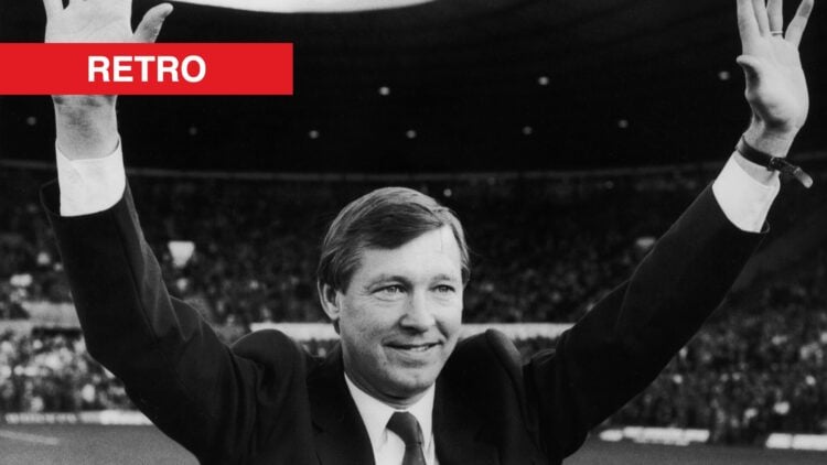Sir Alex Ferguson at Old Trafford split image with retro banner