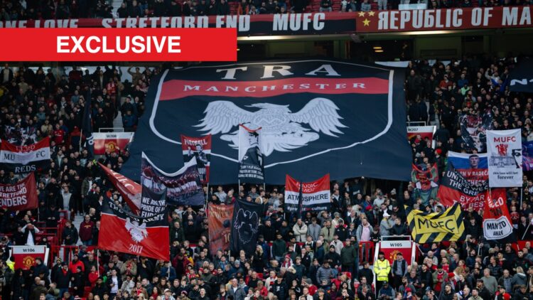 The Red Army flag in the Stretford End split image with exclusive banner