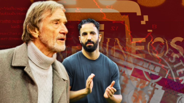 Abstract cover art featuring Sir Jim Ratcliffe, Ruben Amorim, Ineos imagery and the Manchester United badge