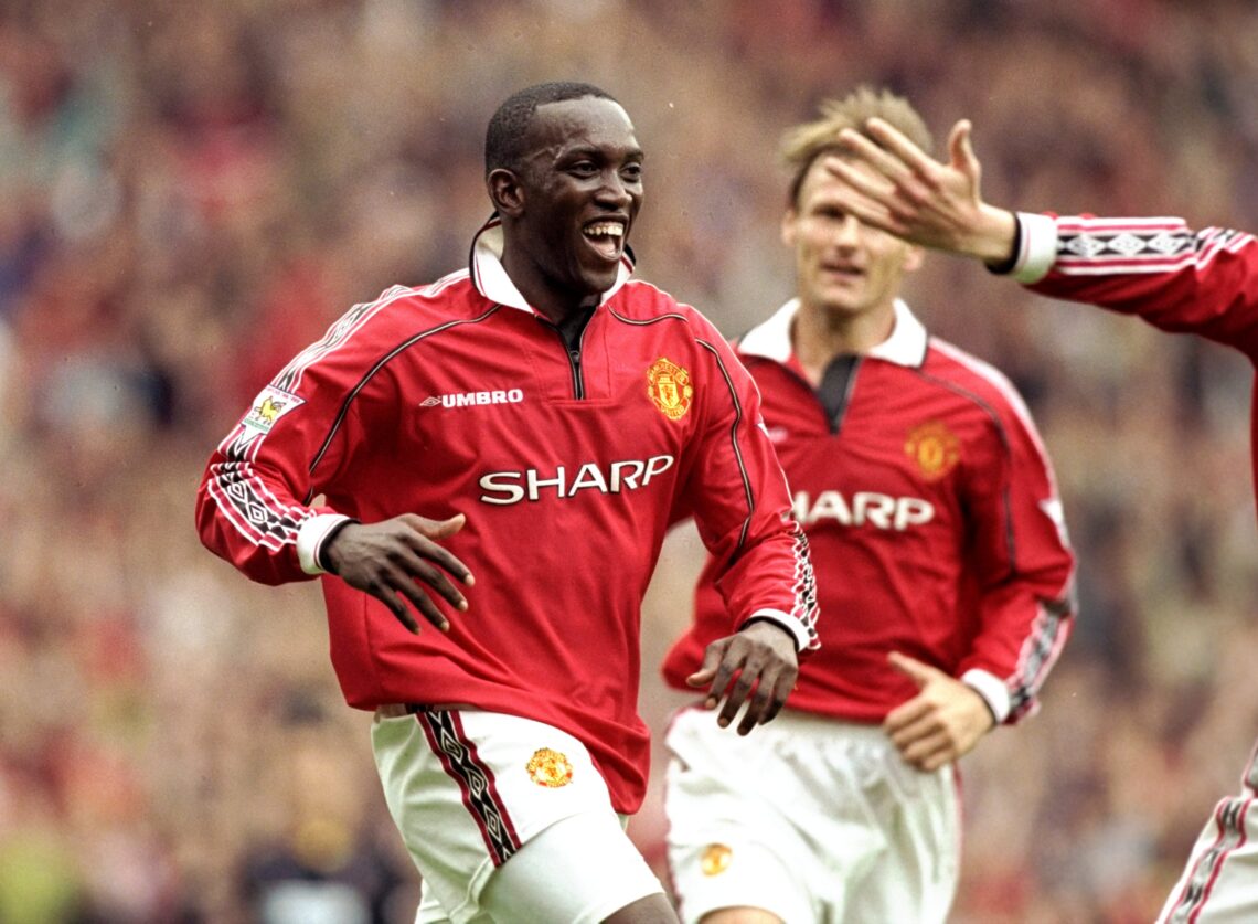 25 Sep 1999: Dwight Yorke of Manchester United celebrates during the FA Carling Premiership match against Southampton played at Old Trafford in Ma...