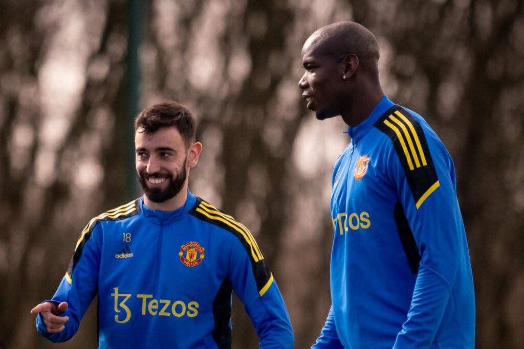 Bruno Fernandes and Paul Pogba training for Manchester United