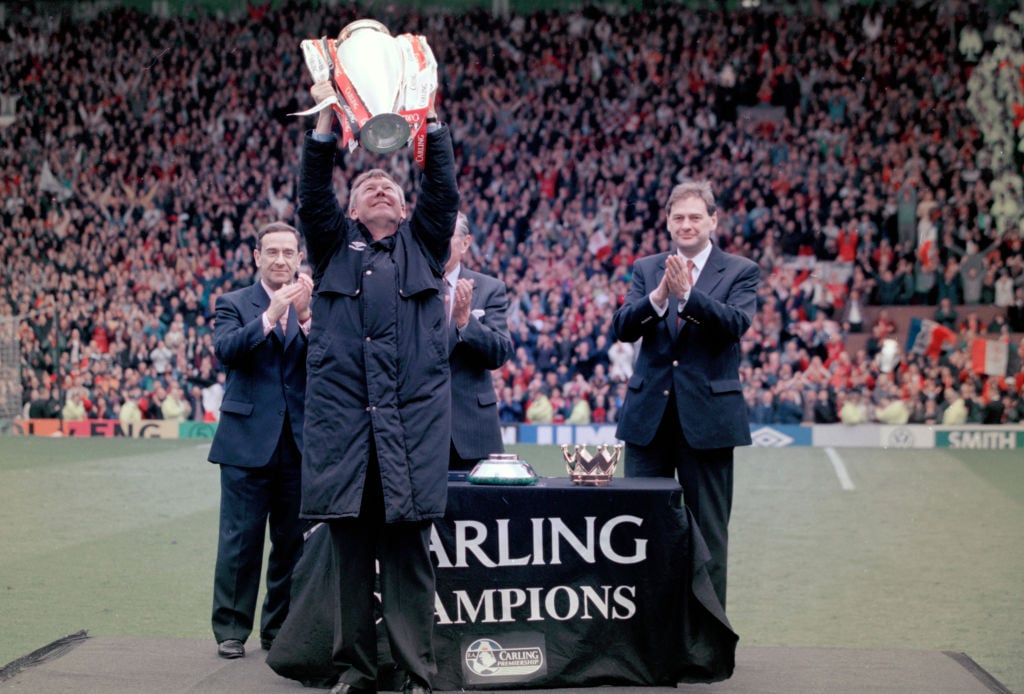 Sir Alex Ferguson lifting the Premier League title in 1996/97