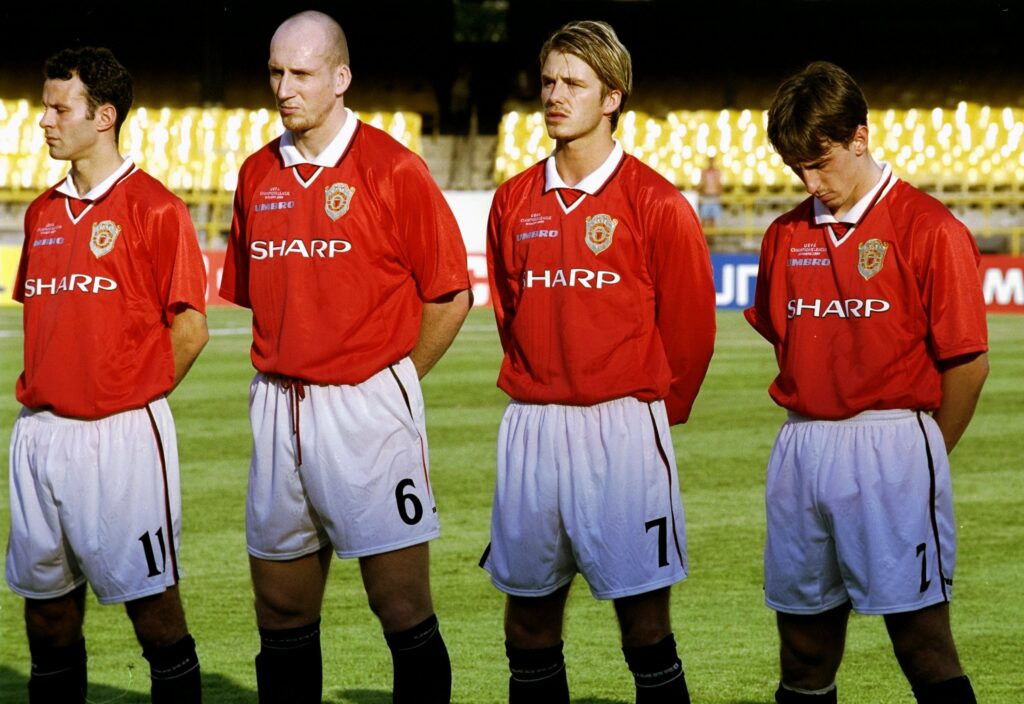 Ryan Giggs, Jaap Stam, David Beckham and Gary Neville at the Club World Cup in 2000