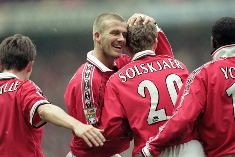 1 Apr 2000:  David Beckham and Ole Gunnar Solskjaer of Manchester United celebrate during the FA Carling Premiership match against West Ham United ...