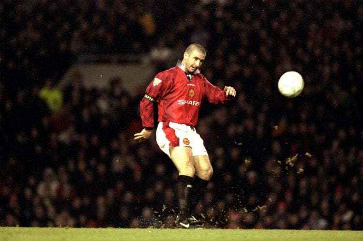 21 Dec 1996: Eric Cantona of Manchester United shoots to score during an FA Carling Premiership match against Sunderland at Old Trafford in Manche...